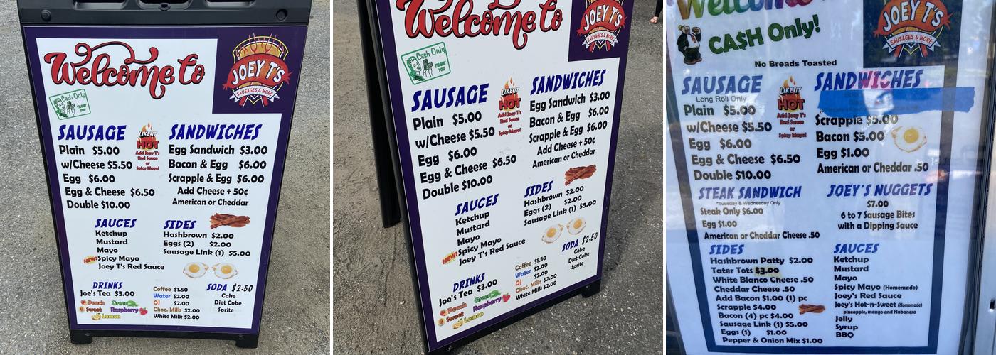 Joey T’s Sausages & More Menu
