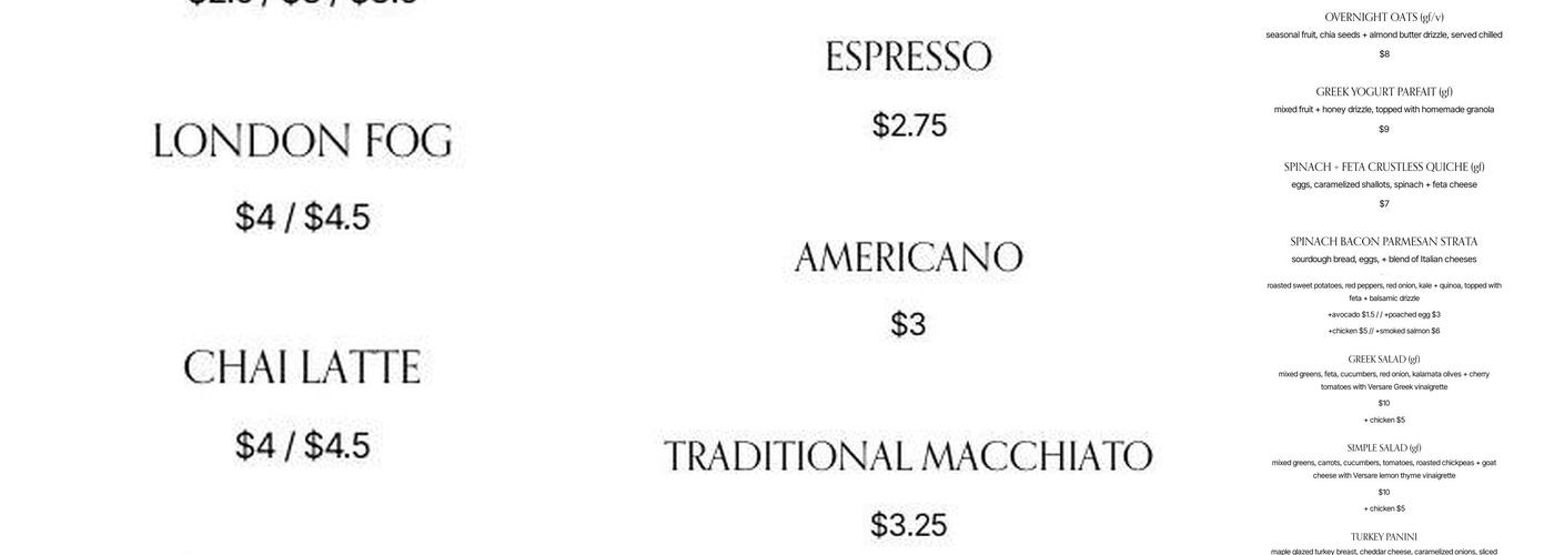 VERSARE Cafe + Market Menu