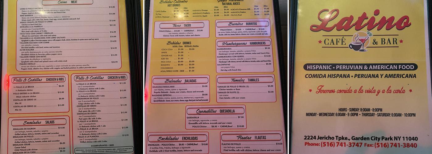 Latino café and bar Menu