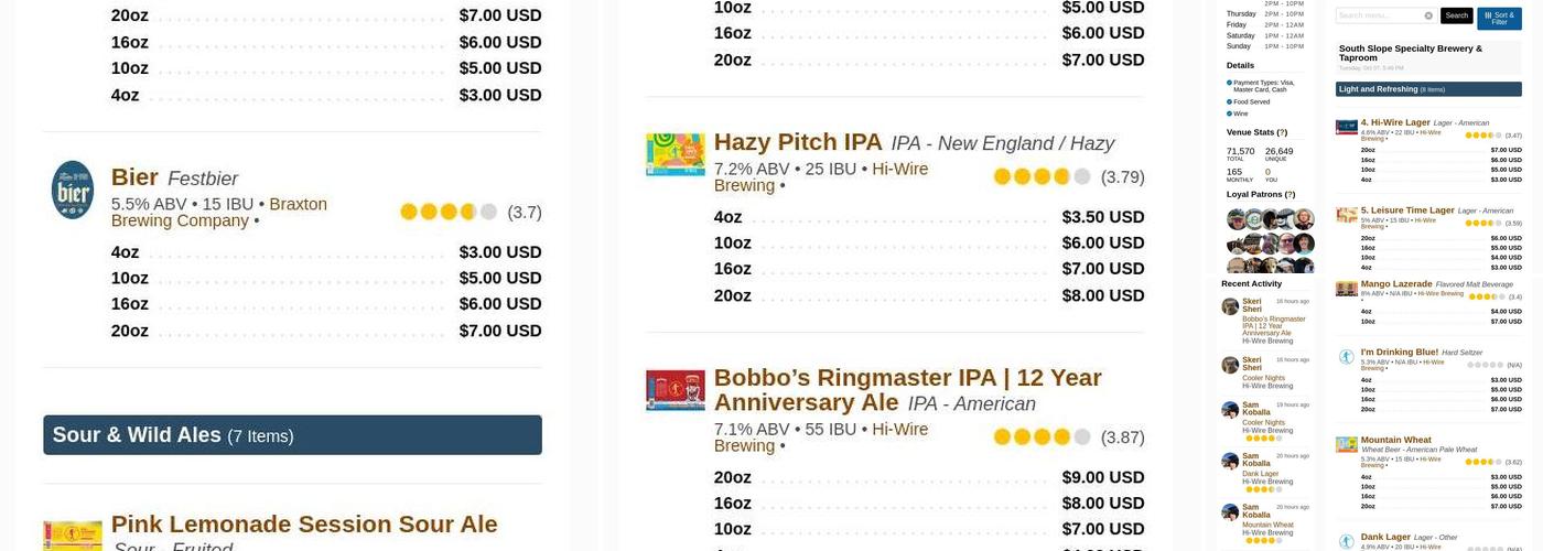 Highland Brewing Downtown Taproom Menu