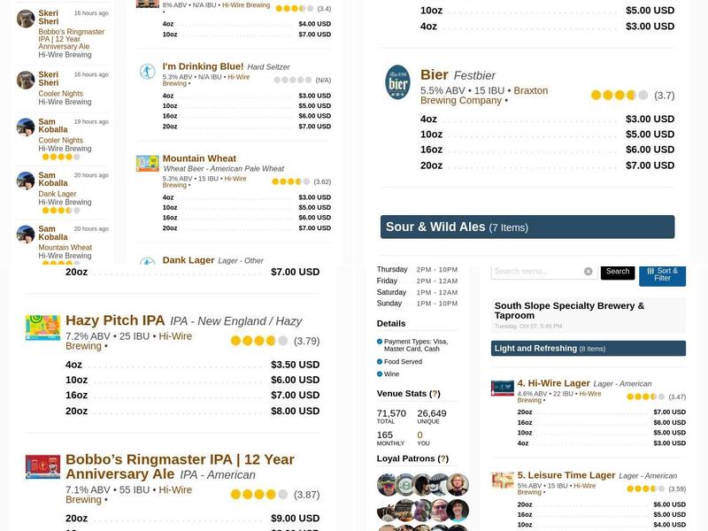 Highland Brewing Downtown Taproom Menu