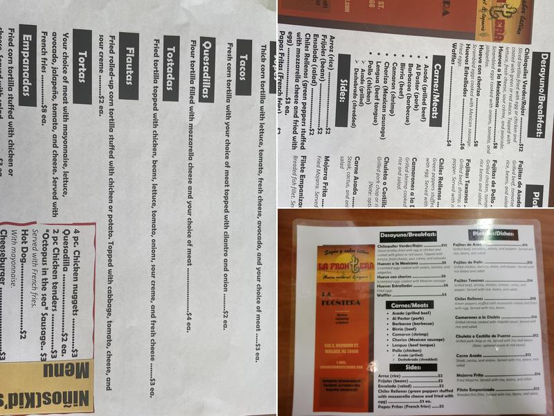La Frontera mexican restaurant Menu