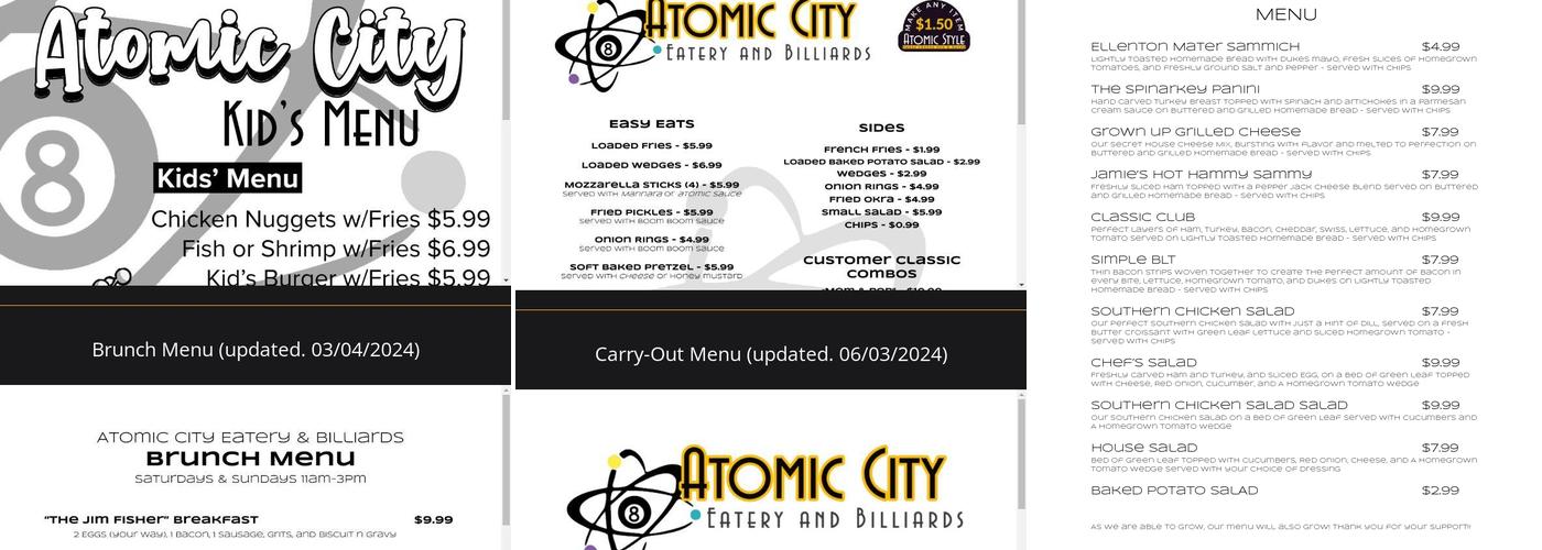 Atomic City Eatery and Billiards Menu