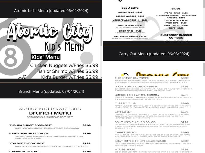 Atomic City Eatery and Billiards Menu