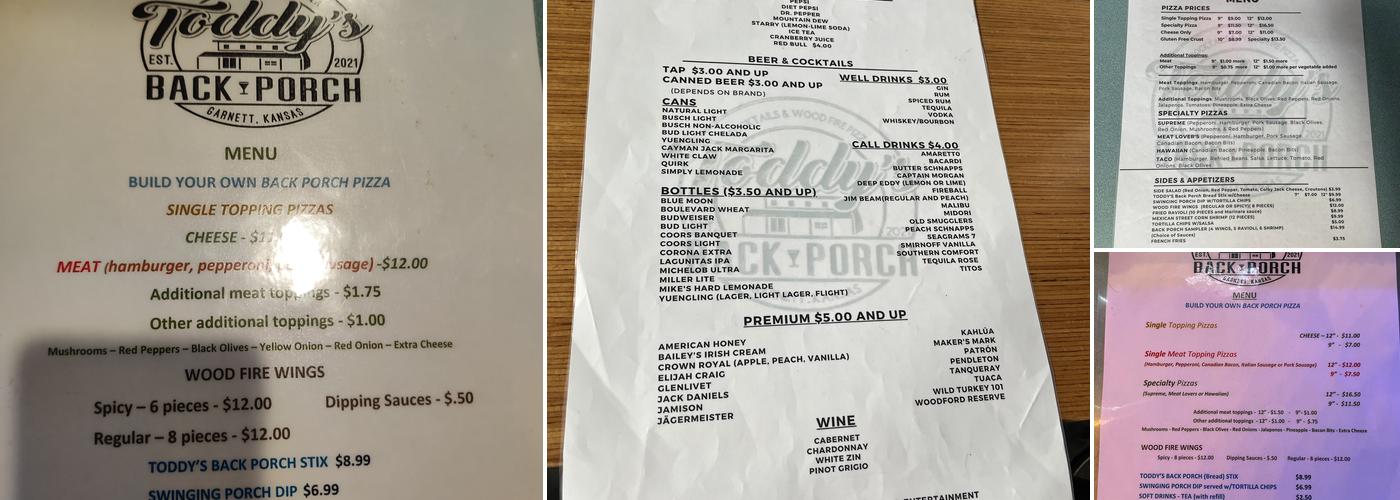 Toddy's Back Porch Menu