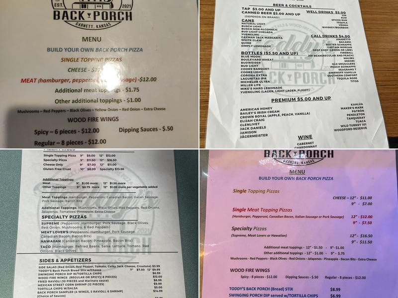 Toddy's Back Porch Menu