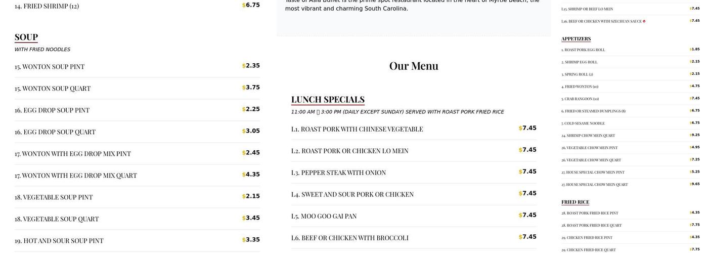 Taste of Asia Buffet Menu