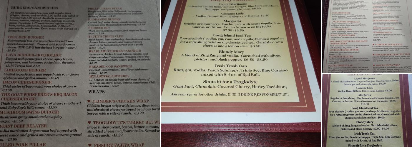 The Cave, Bar, and Grill Menu