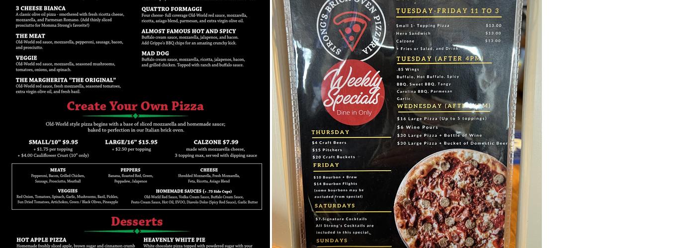 Strong's Brick Oven Pizzeria Menu