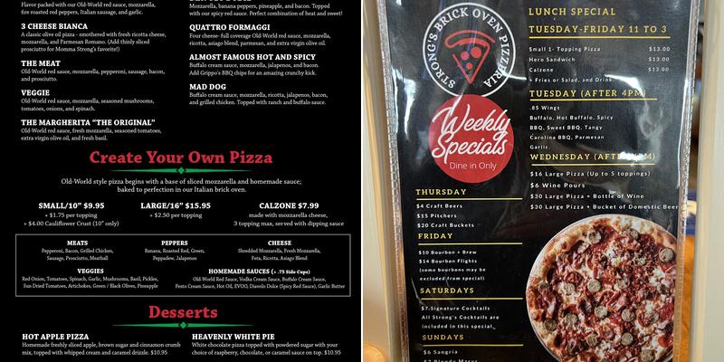 Strong's Brick Oven Pizzeria Menu