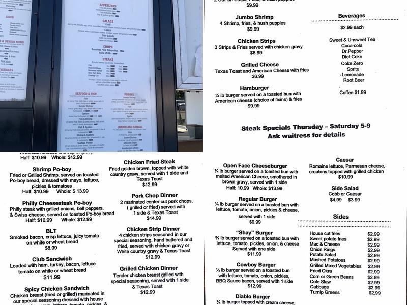 Shay’s Restaurant Menu