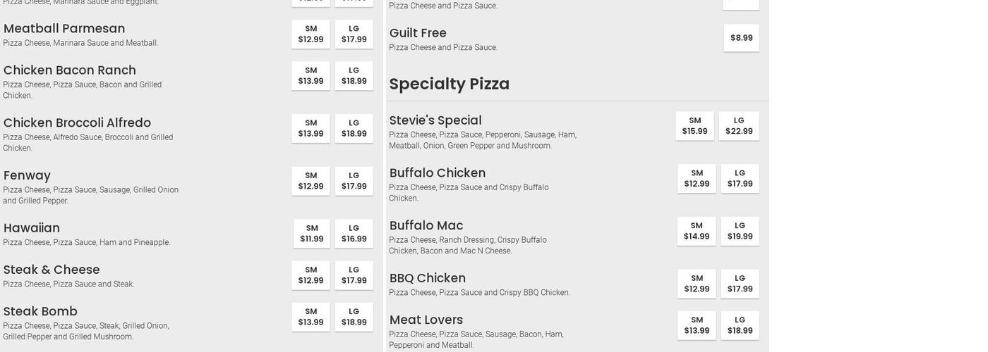 Stevie’s Milton Menu