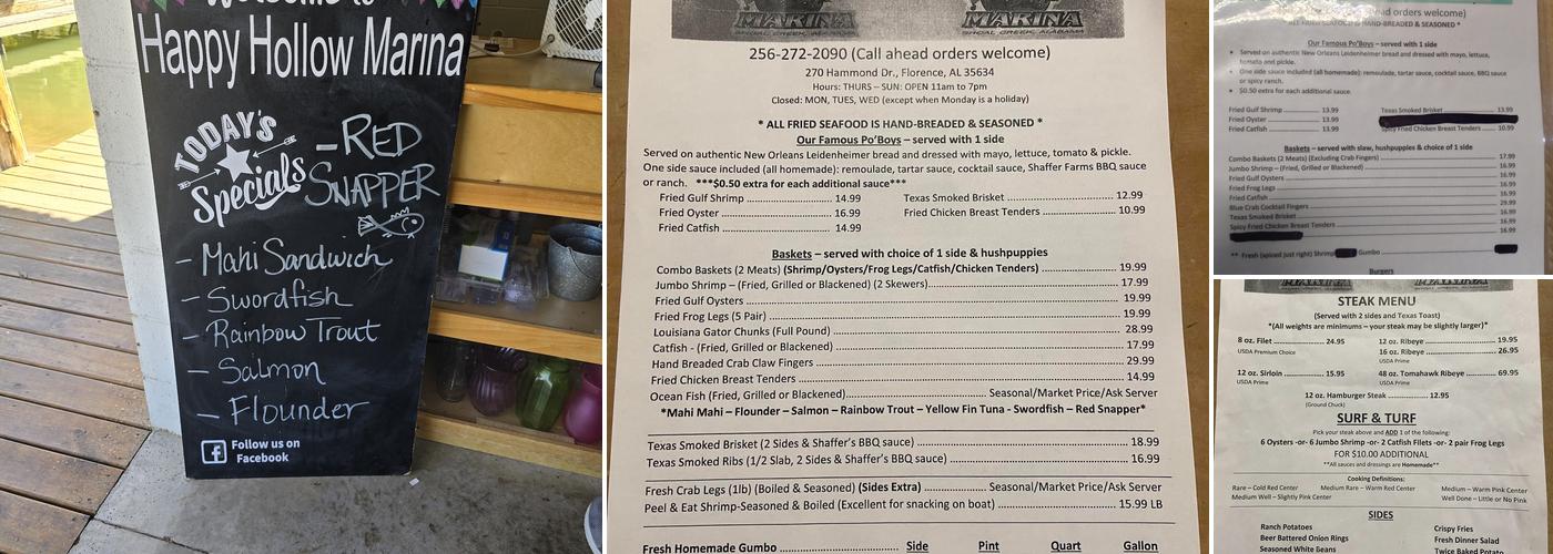 Shaffer's Happy Hollow Marina Menu