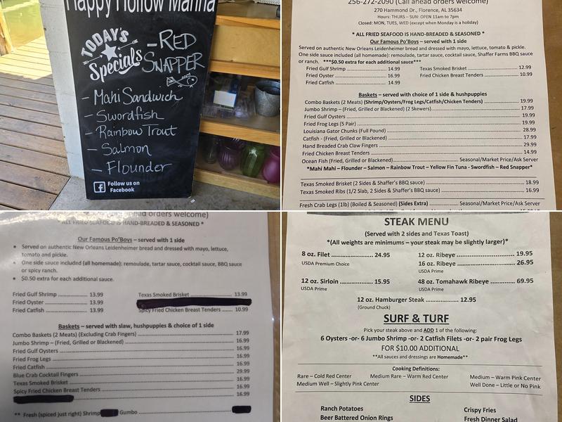 Shaffer's Happy Hollow Marina Menu