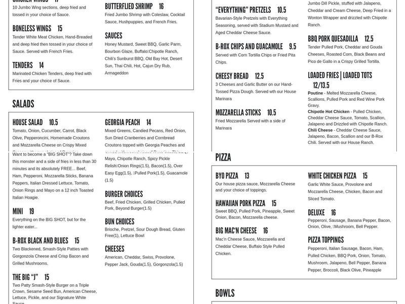 B ROX Grill and Swill Menu