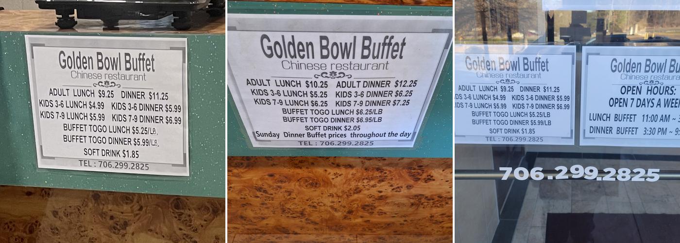 golden bowl Chinese buffet Menu