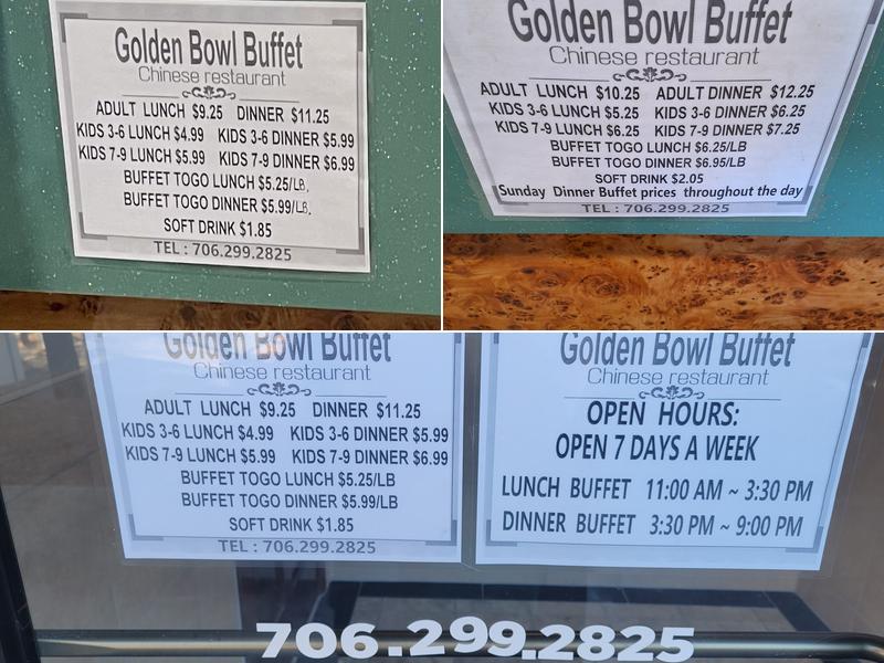 golden bowl Chinese buffet Menu