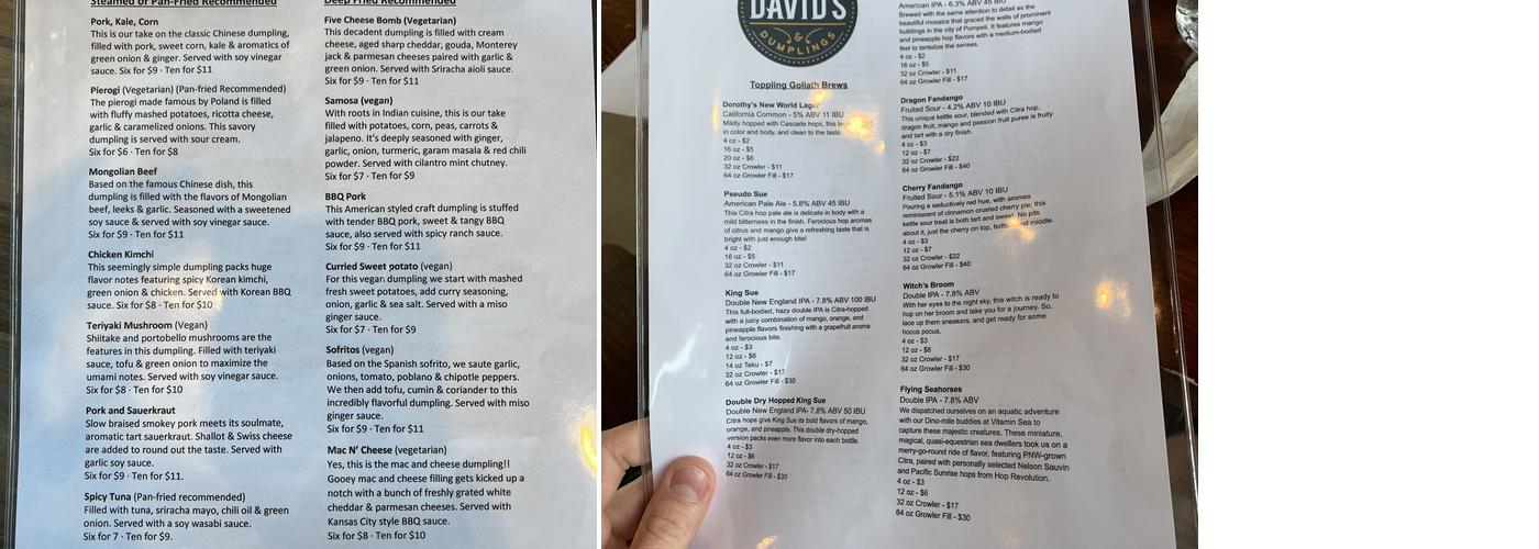 David's Taphouse & Dumplings Menu