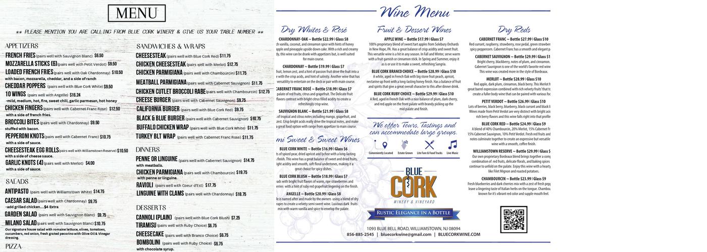 Blue Cork Winery and Vineyard Menu