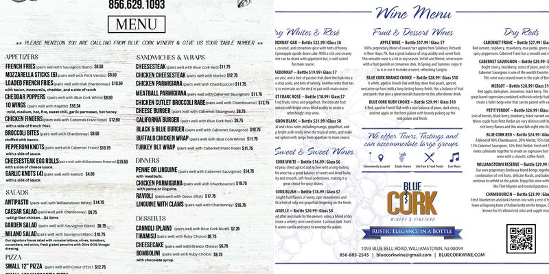 Blue Cork Winery and Vineyard Menu