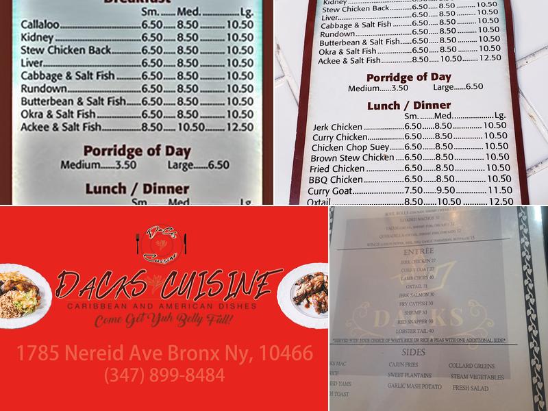 Dacks Cuisine Menu