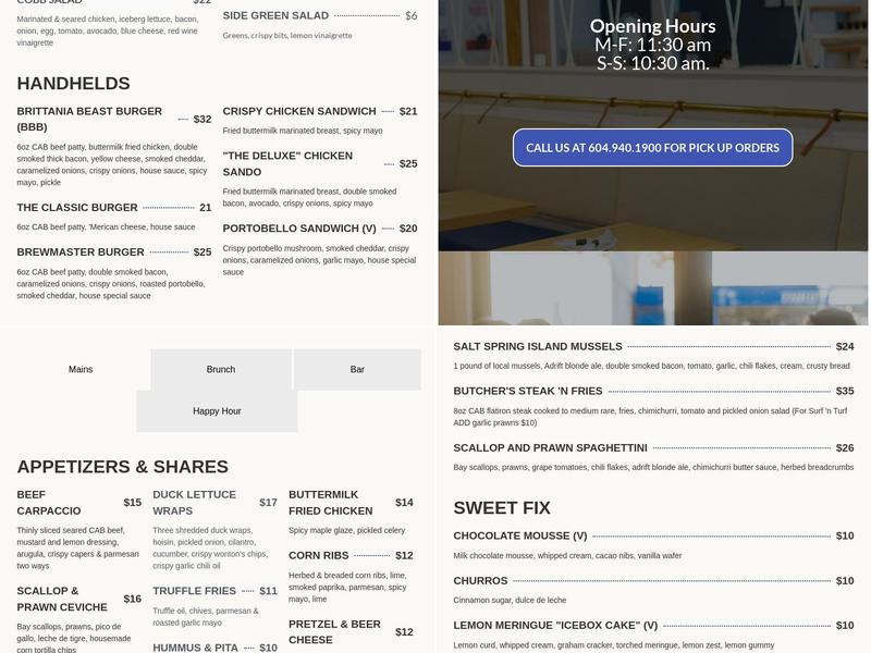 Britannia Brewing Ladner Menu