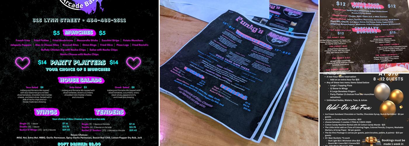 Funky's Arcade Bar Menu