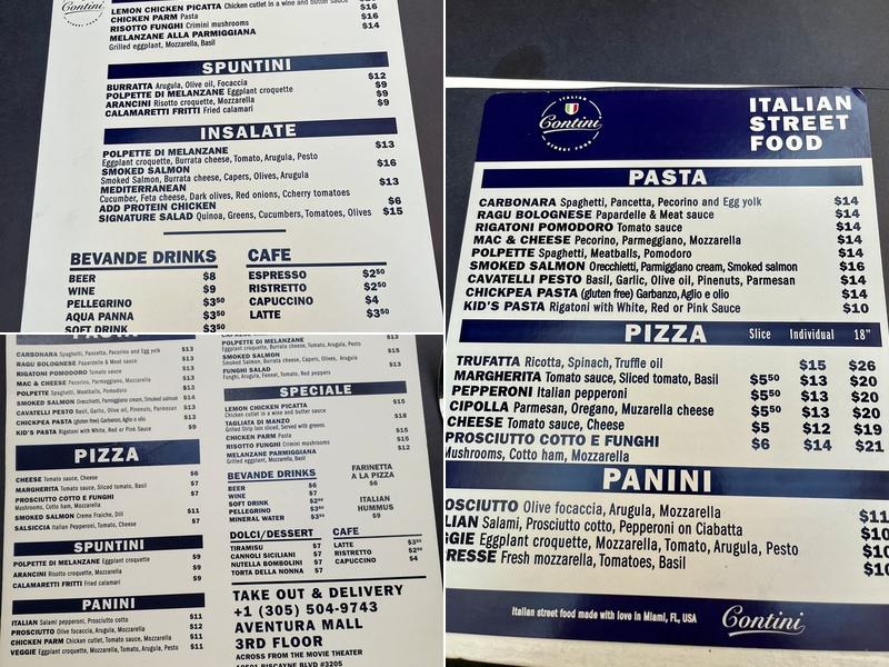 Contini Pasta Menu