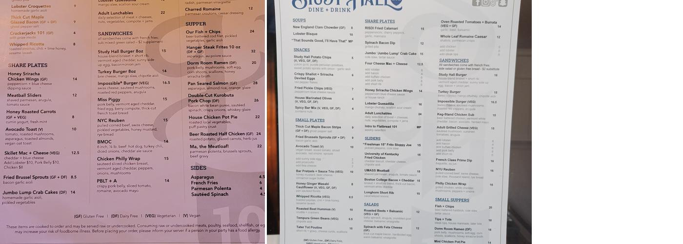 Study Hall 101 Menu