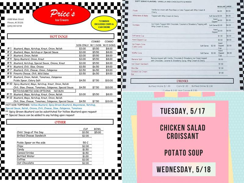 Price’s Ice Cream Menu