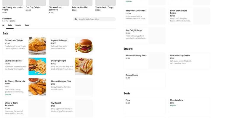 Late Night Bites Menu