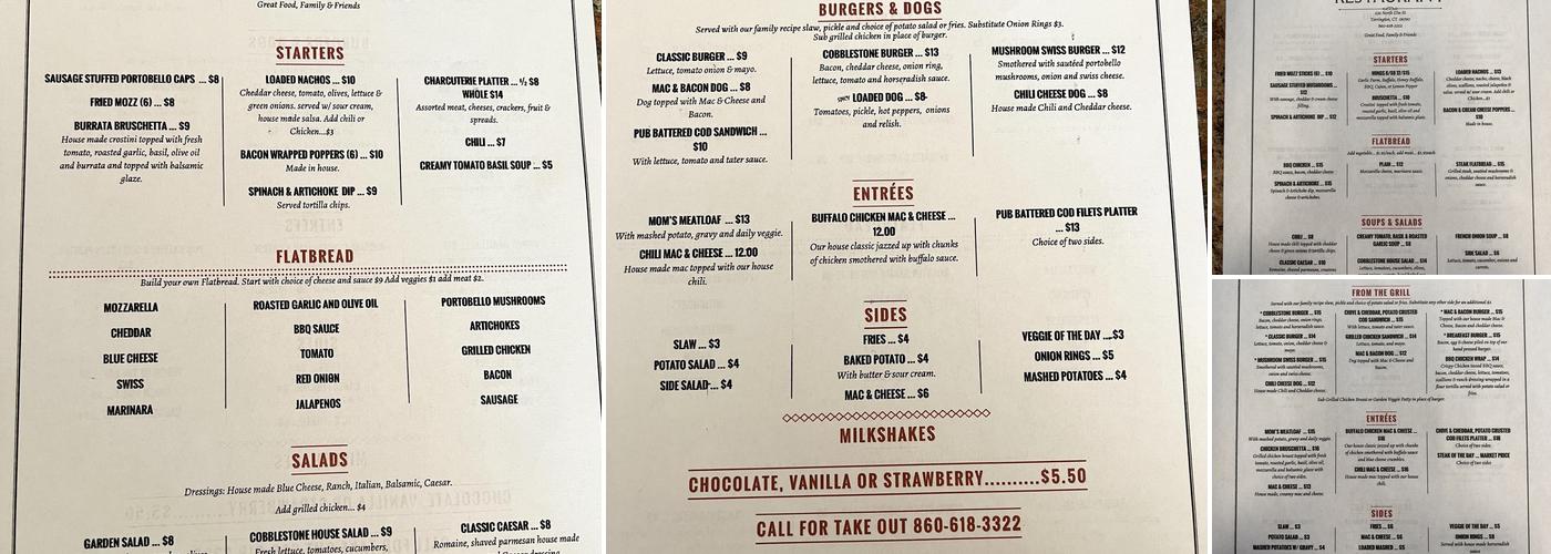 The Cobblestone Restaurant Menu