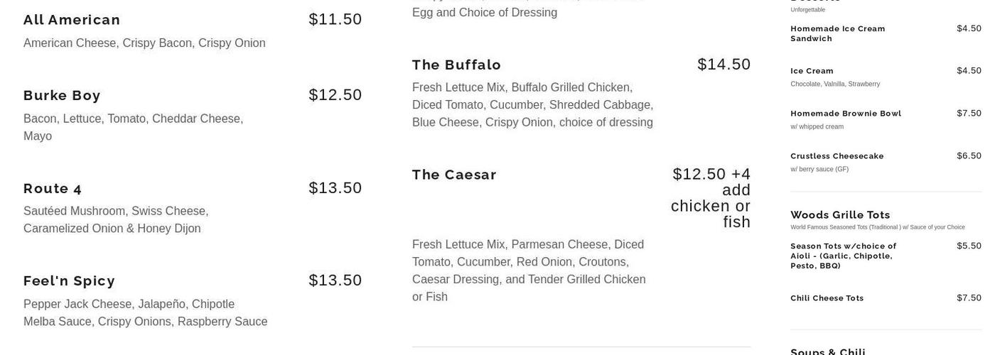 Woods Grille Menu