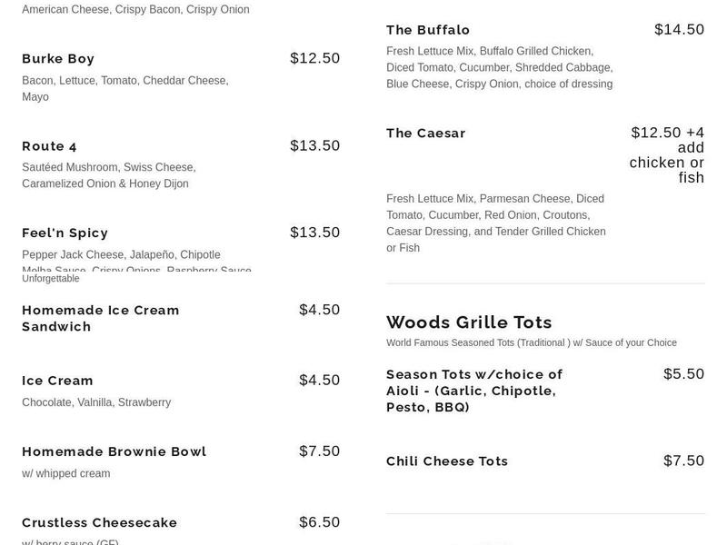Woods Grille Menu