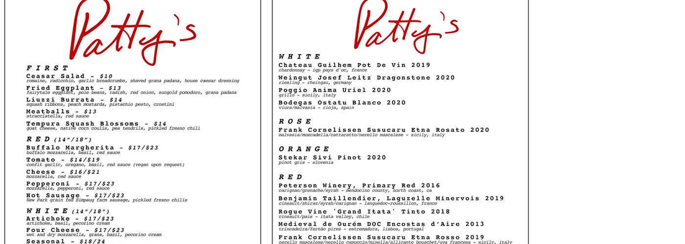 Patty's Menu