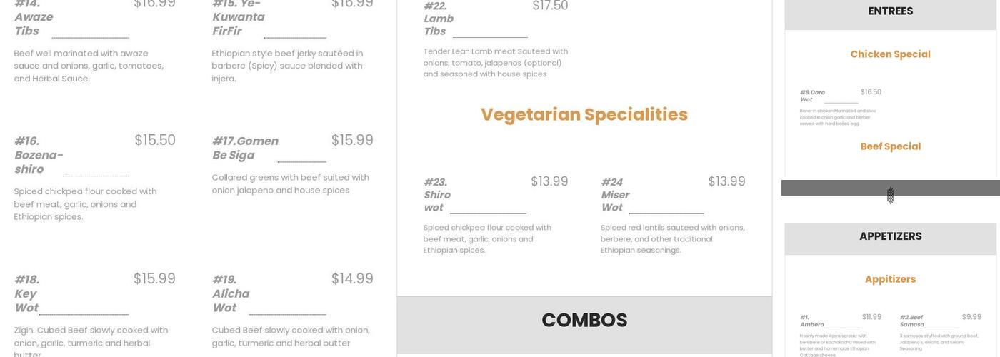 Selam Restaurant Menu