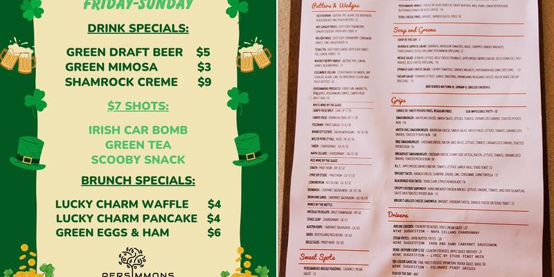 Persimmons Bar & Grill Menu