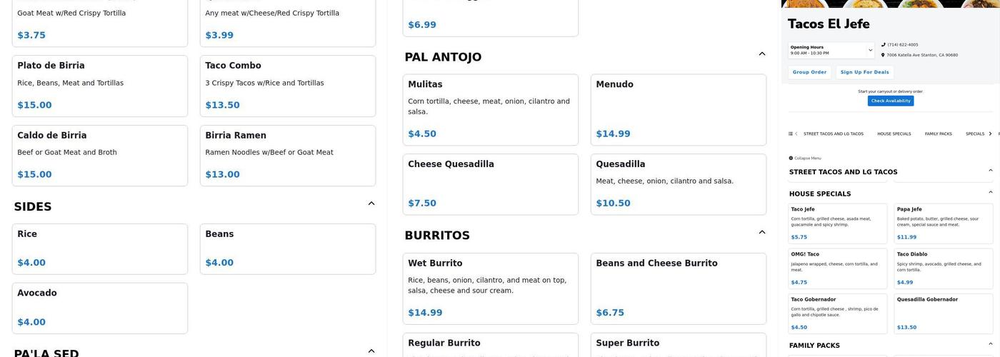 Tacos El Jefe Menu