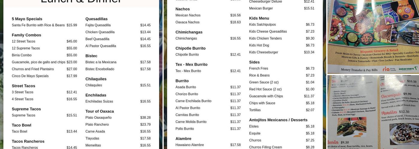 Plaza Oaxaca Mexican Food and Grocery store Menu