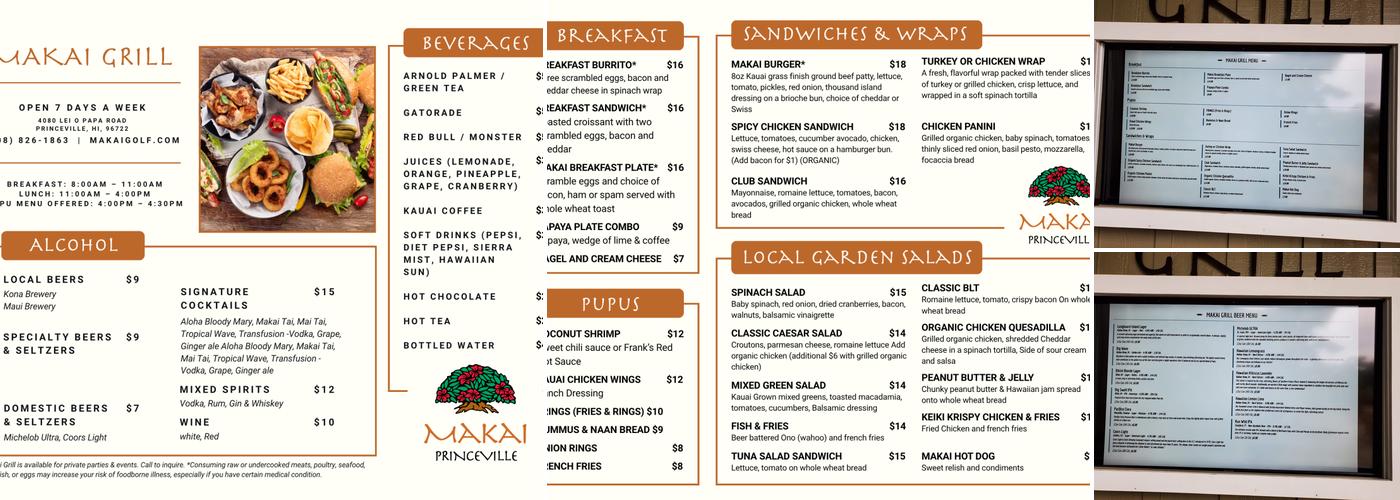 Makai Grill and Golf Pro Shop Menu
