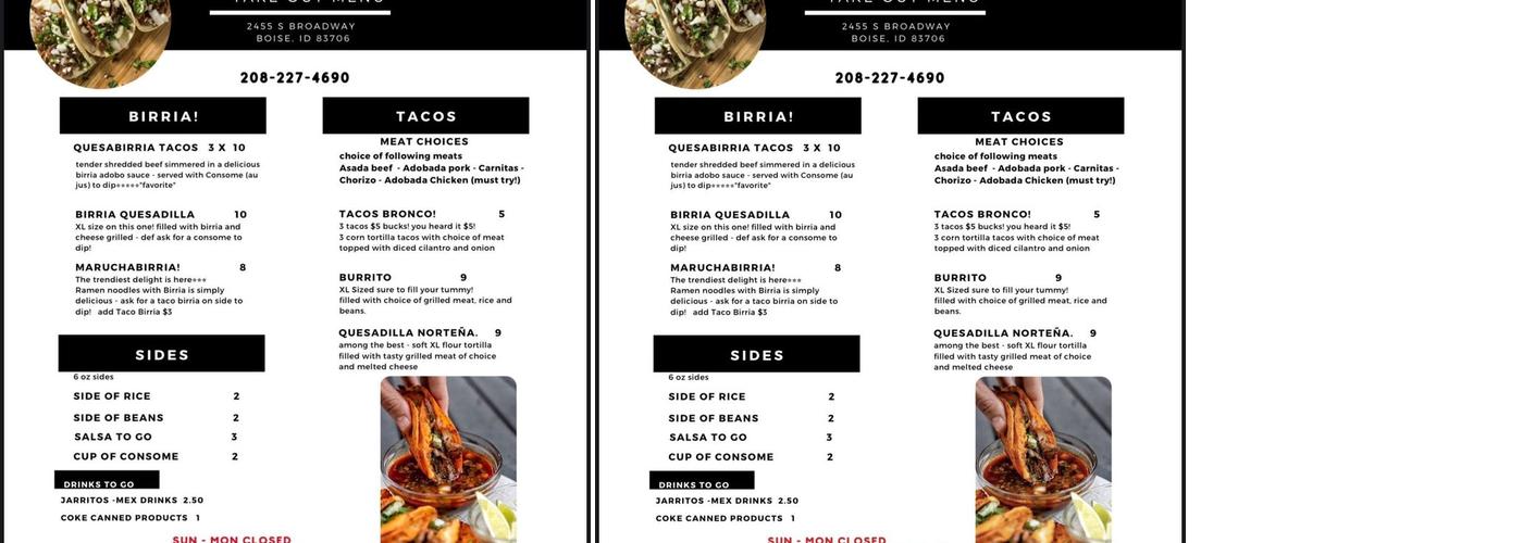 Bronco Tacos Menu