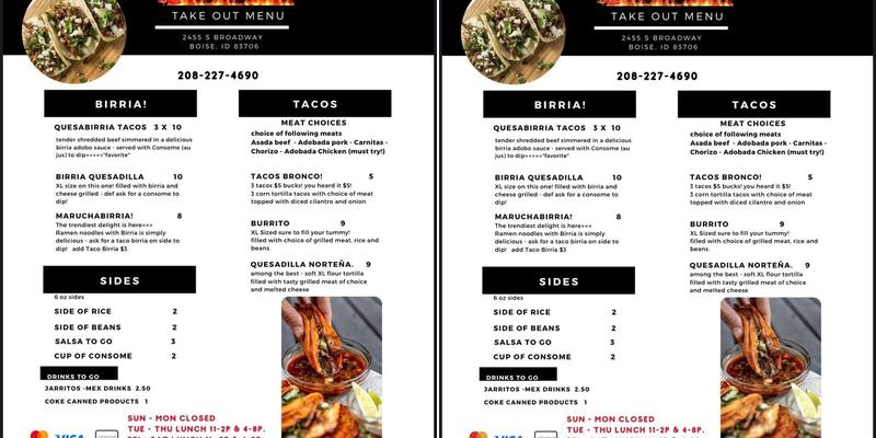 Bronco Tacos Menu