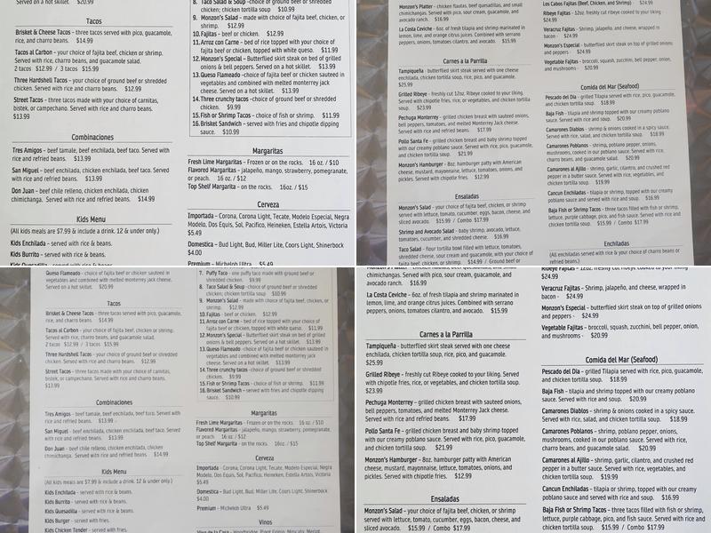 Monzon's Cantina & Grille Menu