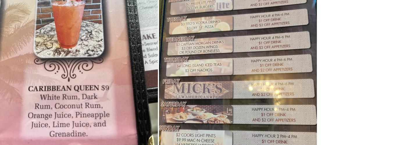 Mick's All American Pub Menu