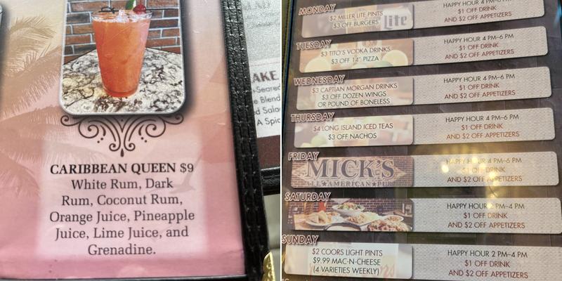 Mick's All American Pub Menu