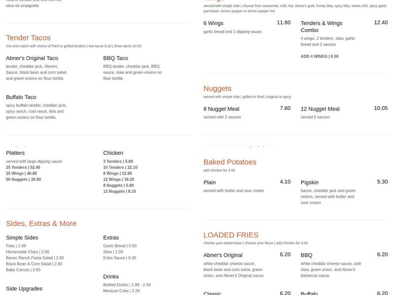Abner's Famous Chicken Menu