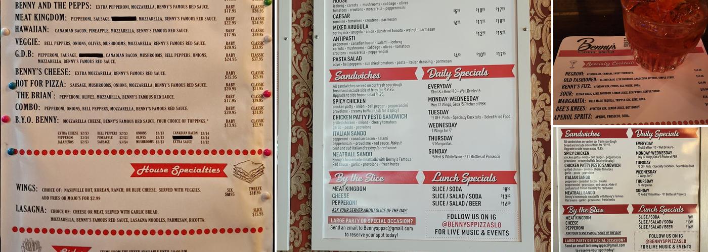 Benny’s Pizza Palace and Social Club Menu