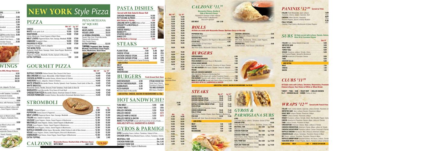 Prospero’s pizza Menu