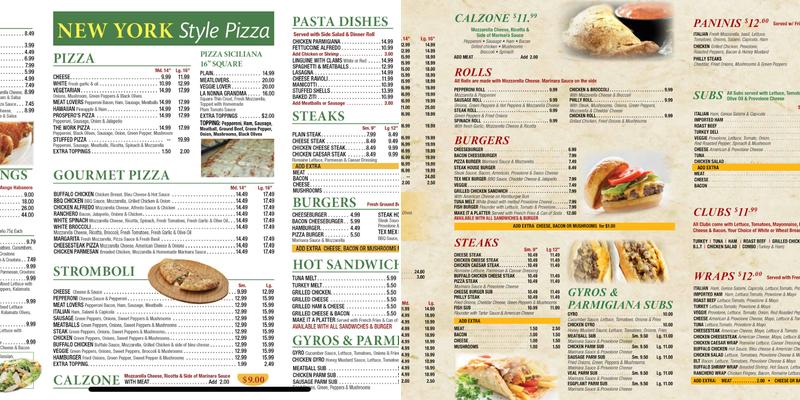 Prospero’s pizza Menu