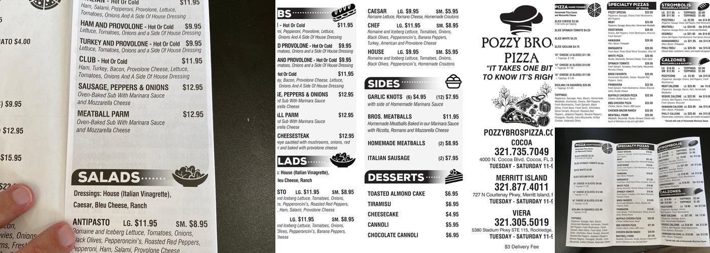Pozzy Bros. Pizza Menu